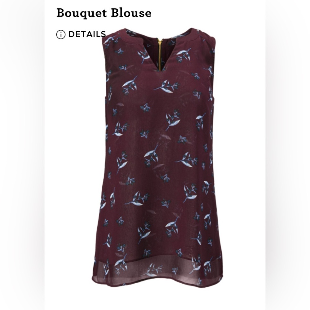 Cabi Bouquet Blouse. Burgundy and Blue Floral Women's Top